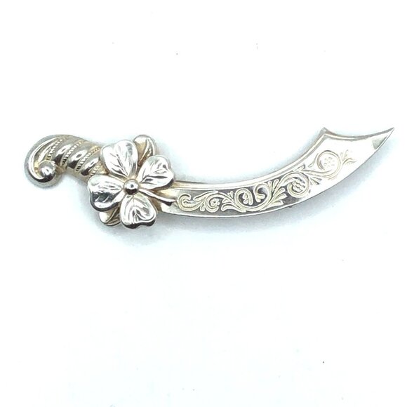 Vintage floral, 4 Leaf Clover Scimitar Sword Sterling Silver Necklace Brooch pin